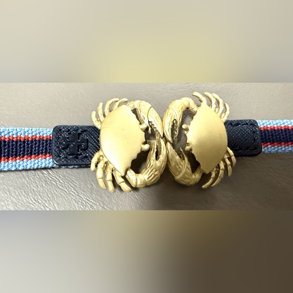 Tory burch Crab Clasp Striped Webbing Skinny Elastic Belt Blue Red - Picture 6 of 16